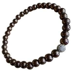Bronze 6mm Hematite Stretch Bracelet w/ Gold Pave Crystal Ball Spacer